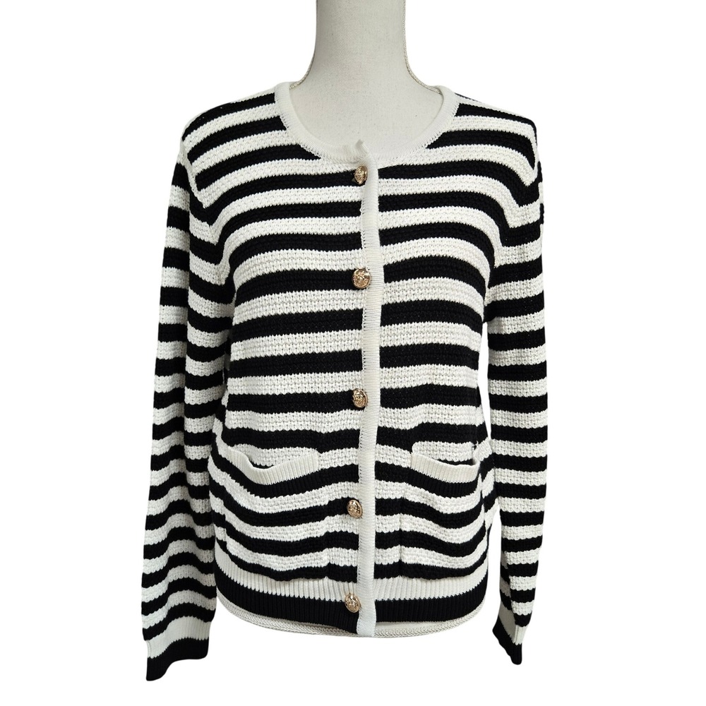 LILLUSORY Black White Striped Button Front Cardigan Sweater Womens Size XS